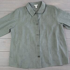 Eileen Fisher Organic Linen Green Gingham Button Front Top XL